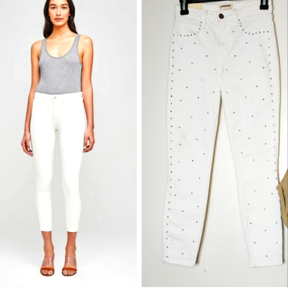 L'AGENCE Margot Hi Rise Skinny Jeans Crystals Rhinestones Ankle Luxury Chic